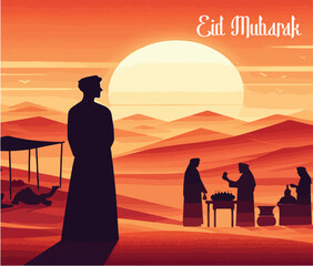 A lone Arab figure stands against a desert sunrise, palm trees sway in Eid Mubarak
