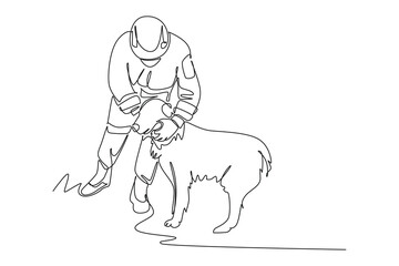 Continuous one line drawing of rescue team helps dog. Saving lives or emergency accident. Health, care, teamwork. Single line draw design vector illustration