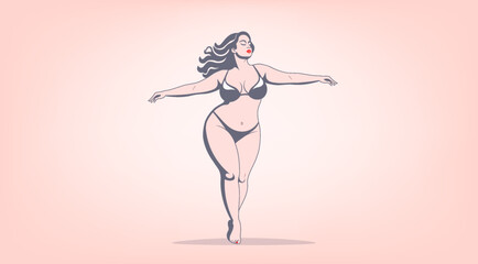 Vector concept of body positivity and diversity. Carefree chic curvy beautiful long haired dancing young lady with closed eyes in a dark bikini swimsuit.