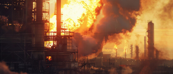 Fiery blaze engulfs industrial structures in a dramatic inferno.