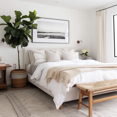 A serene and minimalist bedroom with an elegant bed, plush white bedding, large fiddleleaf fig plant in the corner, neutral color palette of beige rug, wooden bench at the footboard, framed artwork.