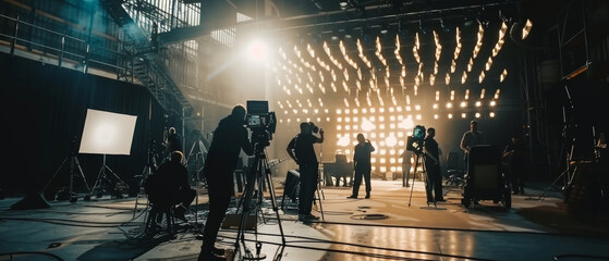 Behind the scenes on a film set with crew and equipment under an array of lights.