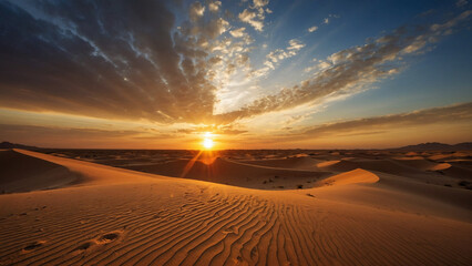 Setting sun in the desert against the backdrop of golden sand, dunes, blue sky and clouds