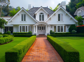 A classic white clapboard house with a red brick sidewalk, creating a peaceful and inviting atmosphere. Ideal for real estate and architectural promotions. - obrazy, fototapety, plakaty