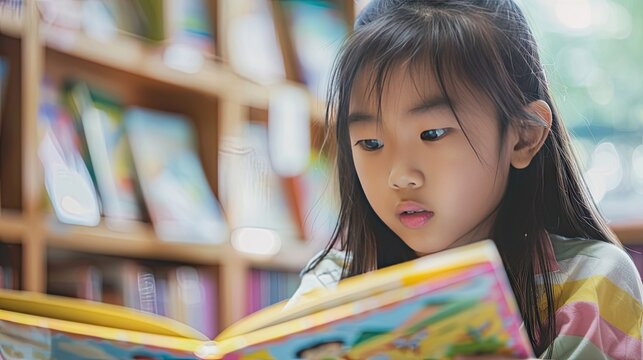 An Asian girl immerses herself in studying, surrounded by children's picture books in a vibrant classroom, embodying the essence of literacy education and academic exploration