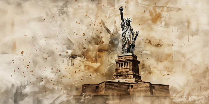 watercolour portrayal of the Statue of Liberty adorned with vintage elements and sepia tones, evoking a sense of history and nostalgia, watercolour style
