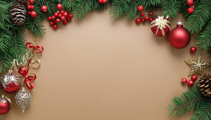 Christmas background with Christmas ornaments, pine cones, Christmas balls, stars and pine branches