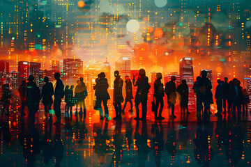 A group of multi-international people and technology, double exposure style illustration