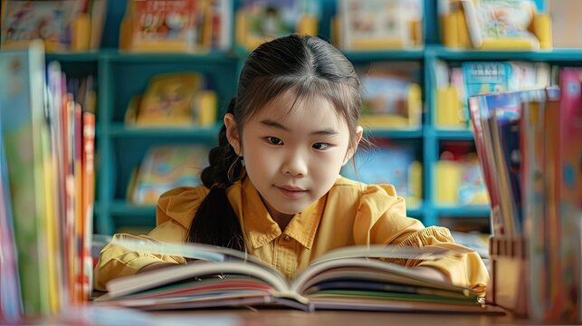 An Asian girl immerses herself in studying, surrounded by children's picture books in a vibrant classroom, embodying the essence of literacy education and academic exploration