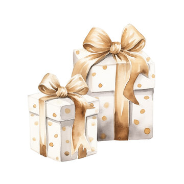 beige gift boxes with golden bows. Watercolor hand drawing illustration on isolate white background. Realistic element fo design  or wedding pastel colors