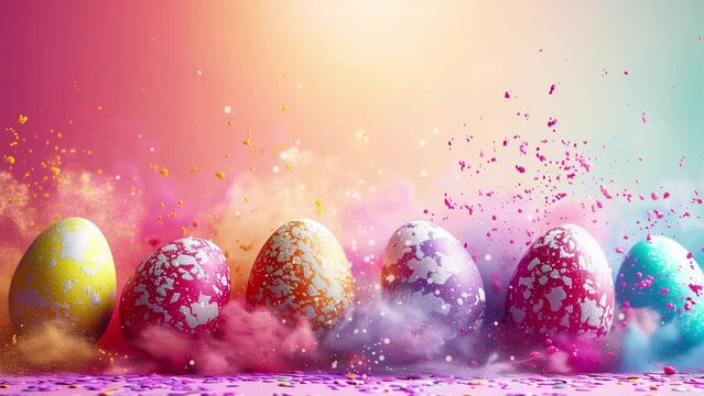 several beautifully colored Easter eggs, photographed in stop motion. Video effect with lens flayer and particle effect. 