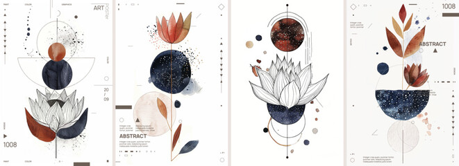 A set of modern abstract watercolor posters featuring botanical elements like lotus flowers, leaves, geometric shapes, and cosmic patterns in earthy and navy blue tones on a white background.