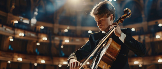 Cellist passionately performing in an opulent concert hall.