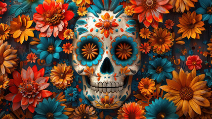 Mexican illustration, decorated colored skulls with a variety of flowers, traditional folk art,...
