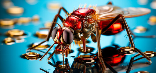 Unique 3D design with glittering eyes Creepy and eye-catching visual presentation Bold contrast between black mosquitoes and red dots