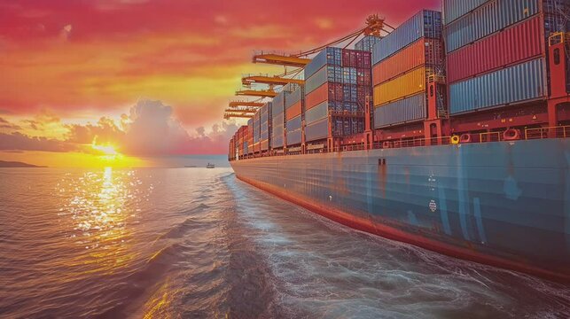 Side view of cargo ship carrying many stack of containers is crossing the ocean. Large freight container ship at the sea. Logistic service concept. Seamless looping animated. Generative AI
