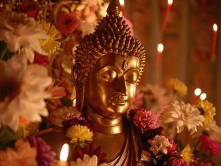 A majestic golden Buddha statue is surrounded by vibrant flowers and flickering candles in a tranquil setting