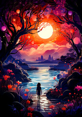 Beautiful and unique illustration of a girl in the sea with purple flowers. The bright colors and artistic style are eye-catching. Creates a feeling of peace and serenity. Ideal for home decor or art