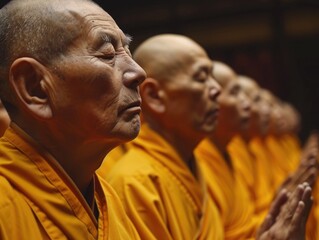 Obraz premium Close-up of a row of Buddhist monks seated together, chanting in unison with serene expressions