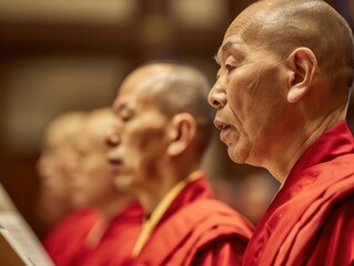 A close-up shot of Buddhist monks standing in unison, chanting peacefully - obrazy, fototapety, plakaty