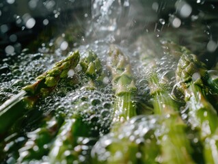 A close-up view of a bunch of broccoli submerged in water, showcasing the vibrant green hues and textures of the vegetable