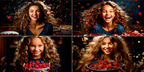 Girl with a bowl of oats and berries in a unique artistic style. Creative and colorful image of healthy food. Brings a touch of fantasy to health and wellness images.