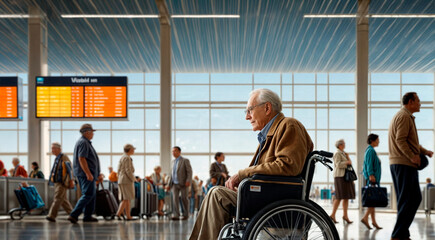  A man in a wheelchair is in the airport. 