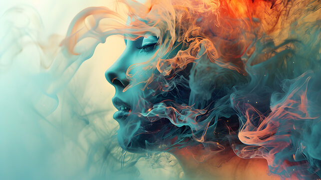 double exposure lady in colorful smoke portrait, generative ai
