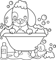 Cute Puppy Taking Bath Outline Vector Illustration. Puppy Coloring Page. Small Dog Taking Both Outline Vector.