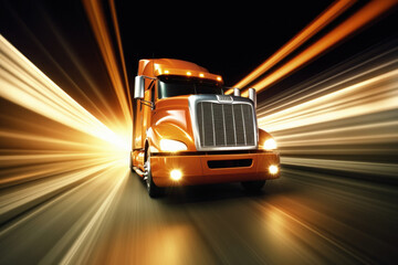 A modern truck on the highway moves at high speed