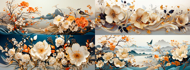 Beautiful Japanese background with flowers and birds. Gold accents add a touch of elegance. Ideal for adding a unique touch to any project or design.