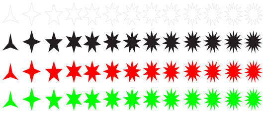 Trendy retro stars shapes. Sunburst design elements set. Bursting rays clip art. Red sparkles. Best for sale sticker, price label, quality sign.
