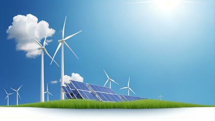 wind turbine and solar panels in the field, copy space, space for text and design, renewable energy concept, clean energy 