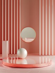 Minimalist coral stage with geometric shapes. A sophisticated display featuring a circular coral platform, vertical lines, and reflective geometric elements