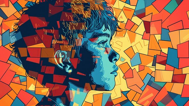 a young boys head surrounded by the challenges of autism, 90 childrens comic book drawing style with block colours, text copy space