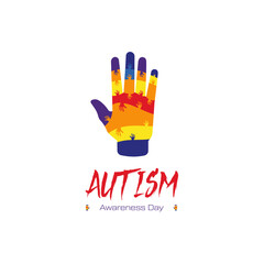 World Autism Awareness Day Logo. 
A Human Hand Logo Made From A Variety Of Colorful Puzzles
