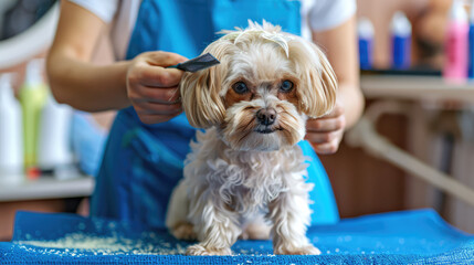 female groomer carefully trims a small dog in a modern grooming salon - obrazy, fototapety, plakaty