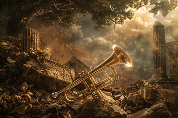 A trumpet resting atop ancient ruins, juxtaposing the timeless message of judgment with earthly...