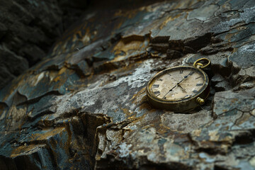 Capture the delicacy of a lone melting clock resting on a weathered stone surface, highlighting the essence of time's fluidity. - obrazy, fototapety, plakaty