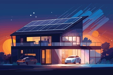 Home electricity scheme with battery energy storage sys  vector illustration. - obrazy, fototapety, plakaty