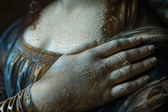 Macro photography capturing the intricate details of Mona Lisa's hands, showcasing the grace and elegance in their positioning and gestures.
