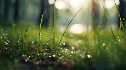 a beautiful spring landscape with dew on the grass in a forest glade after rain, sunlight and beautiful nature