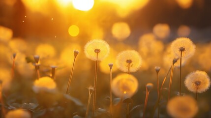 a beautiful summer landscape with dandelions and grass in a field at sunset, sunlight and beautiful nature - obrazy, fototapety, plakaty