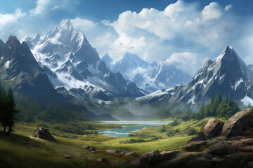 Fototapeta premium a beautiful landscape with mountains at sunset, sunlight in a dramatic sky with clouds, beautiful nature