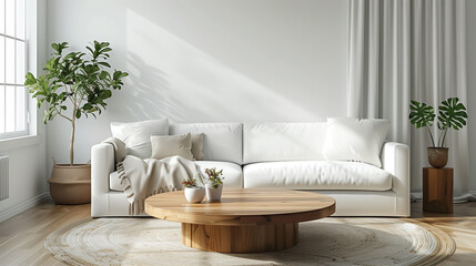 Round wood coffee table against white sofa, Scandinavian home interior design of modern living room nordic style deco idea