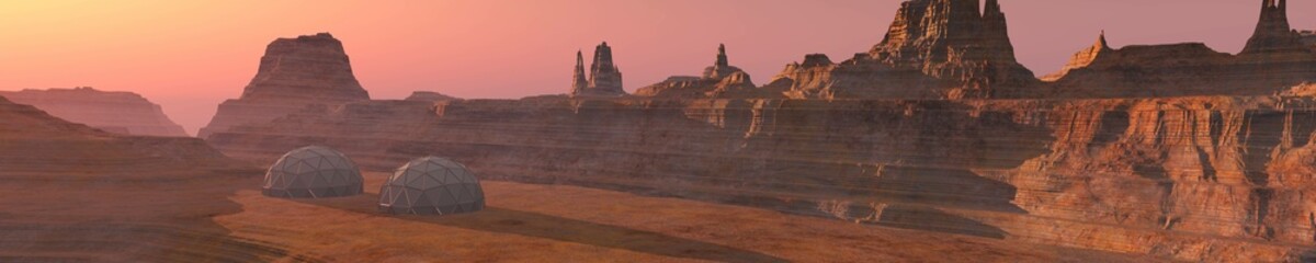Martian landscape, a panorama of the red planet, Panorama of Mars.  Alien landscape.
3d rendering