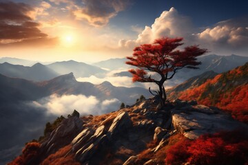 a beautiful landscape with tree and mountains at sunset, sunlight in a dramatic sky with clouds,...