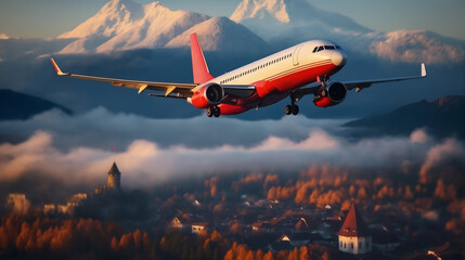 the plane flies high in the sky over a beautiful landscape at sunset, mountains and hills below,...