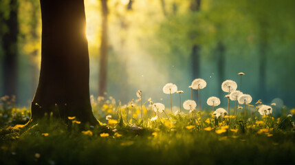 a beautiful summer landscape with dandelions and grass in a forest glade at sunset, sunlight and...