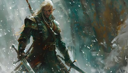 Elf fantasy warrior with two swords - obrazy, fototapety, plakaty